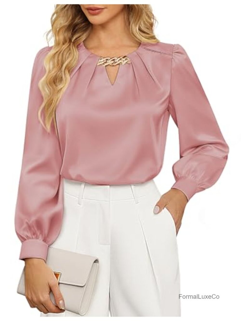 Satin Silk Blouse Long Sleeve Keyhole Neck Business Casual Work Top